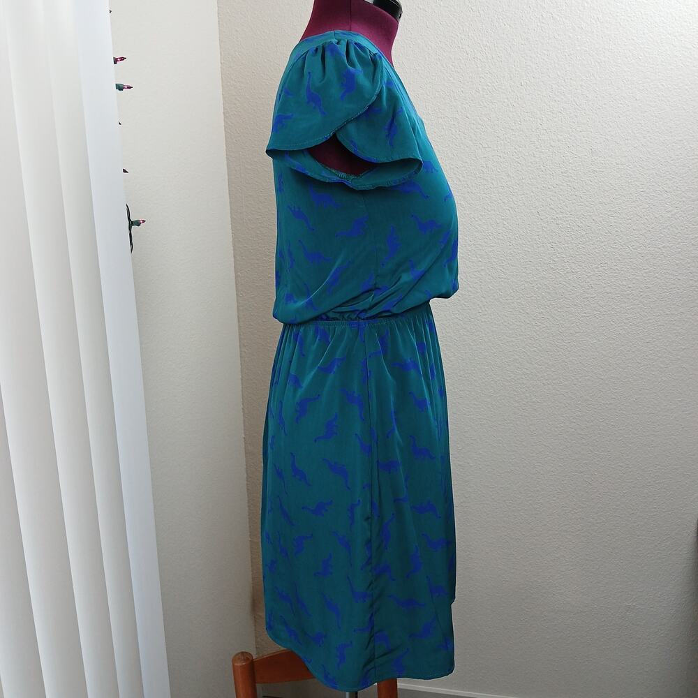 Peach Love California ModCloth Dino Print Dress M green blue blouson midi - Picture 4 of 13